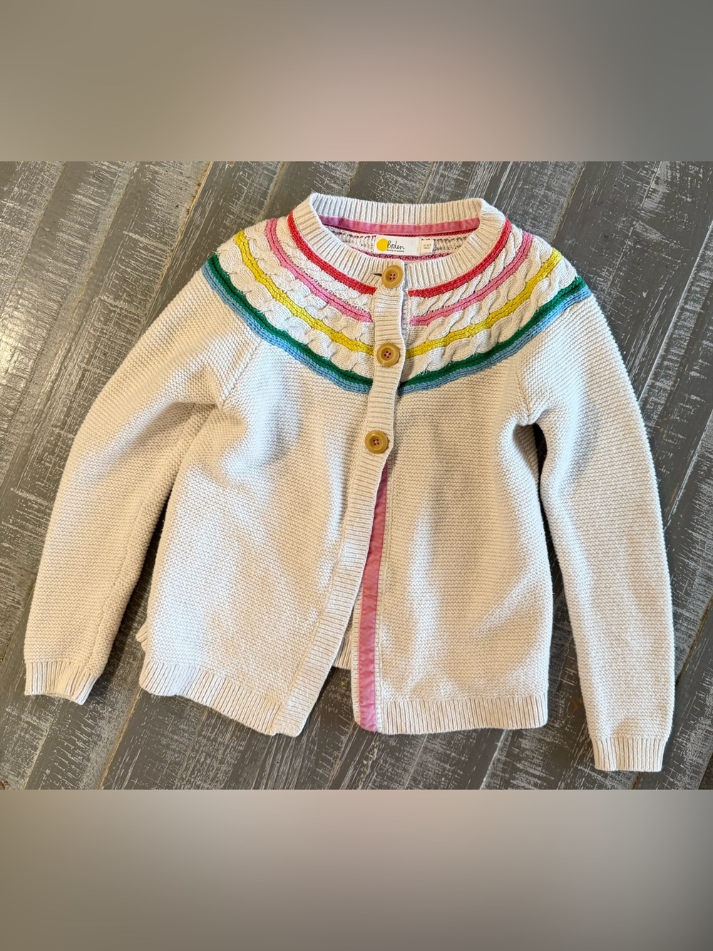 Mini Boden Cream Knit Cardigan with Pink, Yellow, Green, Teal Trim